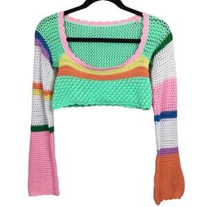 Y2K 90s Open Knit Scalloped Festival Striped Crochet Cropped Sweater Size M